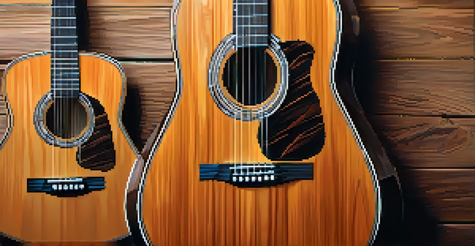 A close-up image of an acoustic guitar with intricate inlays against a wooden background, illuminated by warm light.