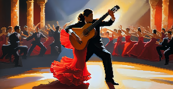 A Flamenco guitarist performing under stage lights with dancers in the background, showcasing traditional attire and a Spanish guitar.
