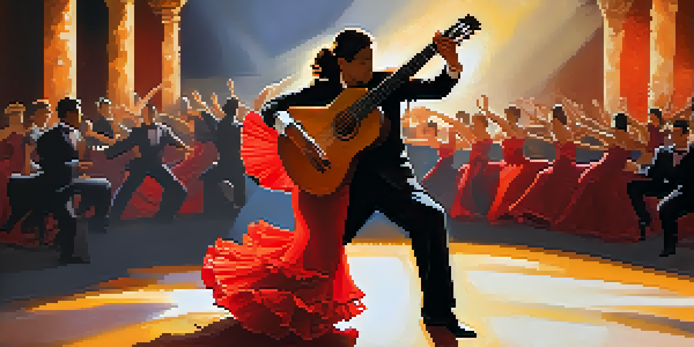 A Flamenco guitarist performing under stage lights with dancers in the background, showcasing traditional attire and a Spanish guitar.