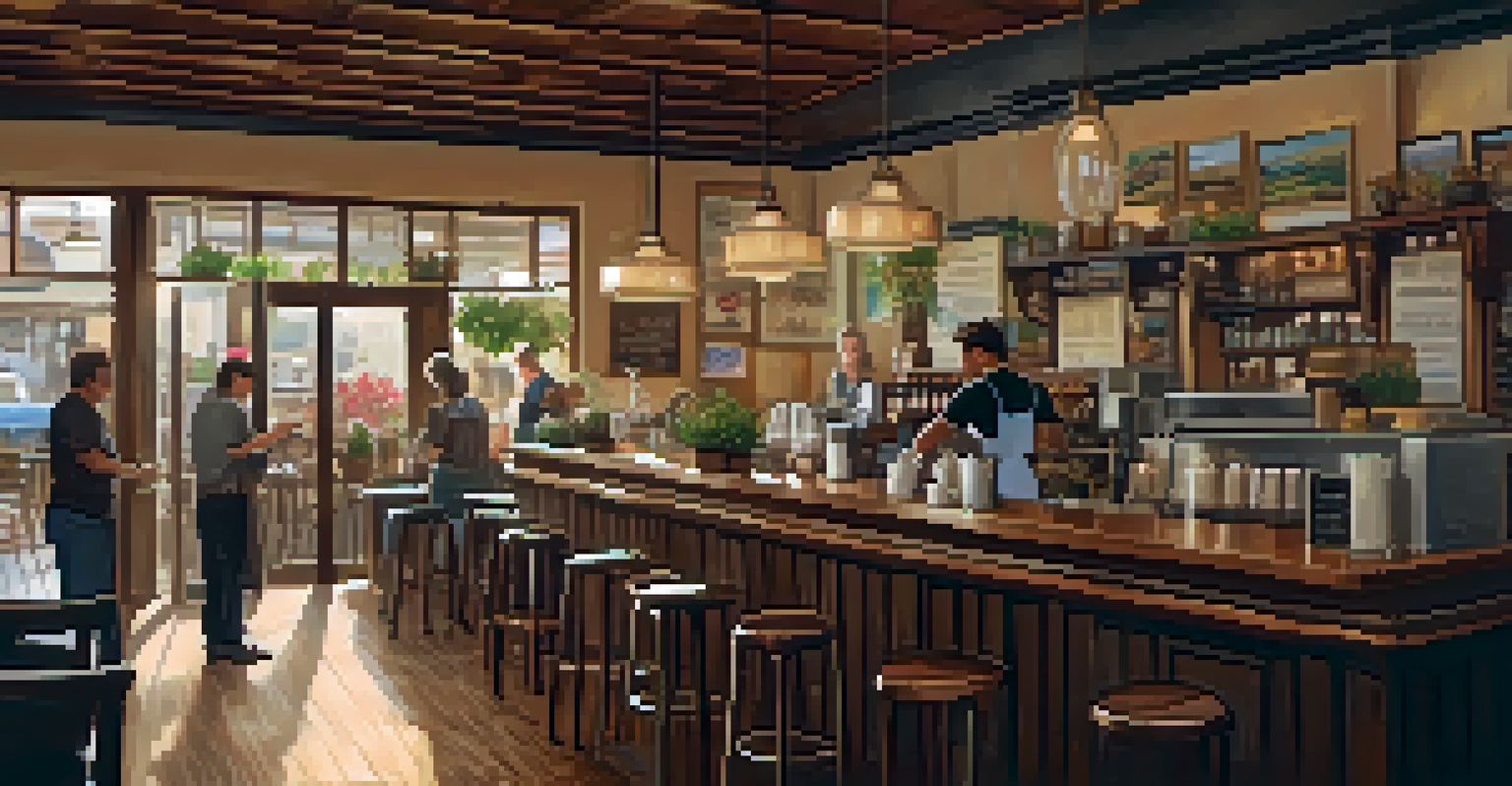 A warm and inviting coffee shop interior with rustic furniture and a barista making coffee.