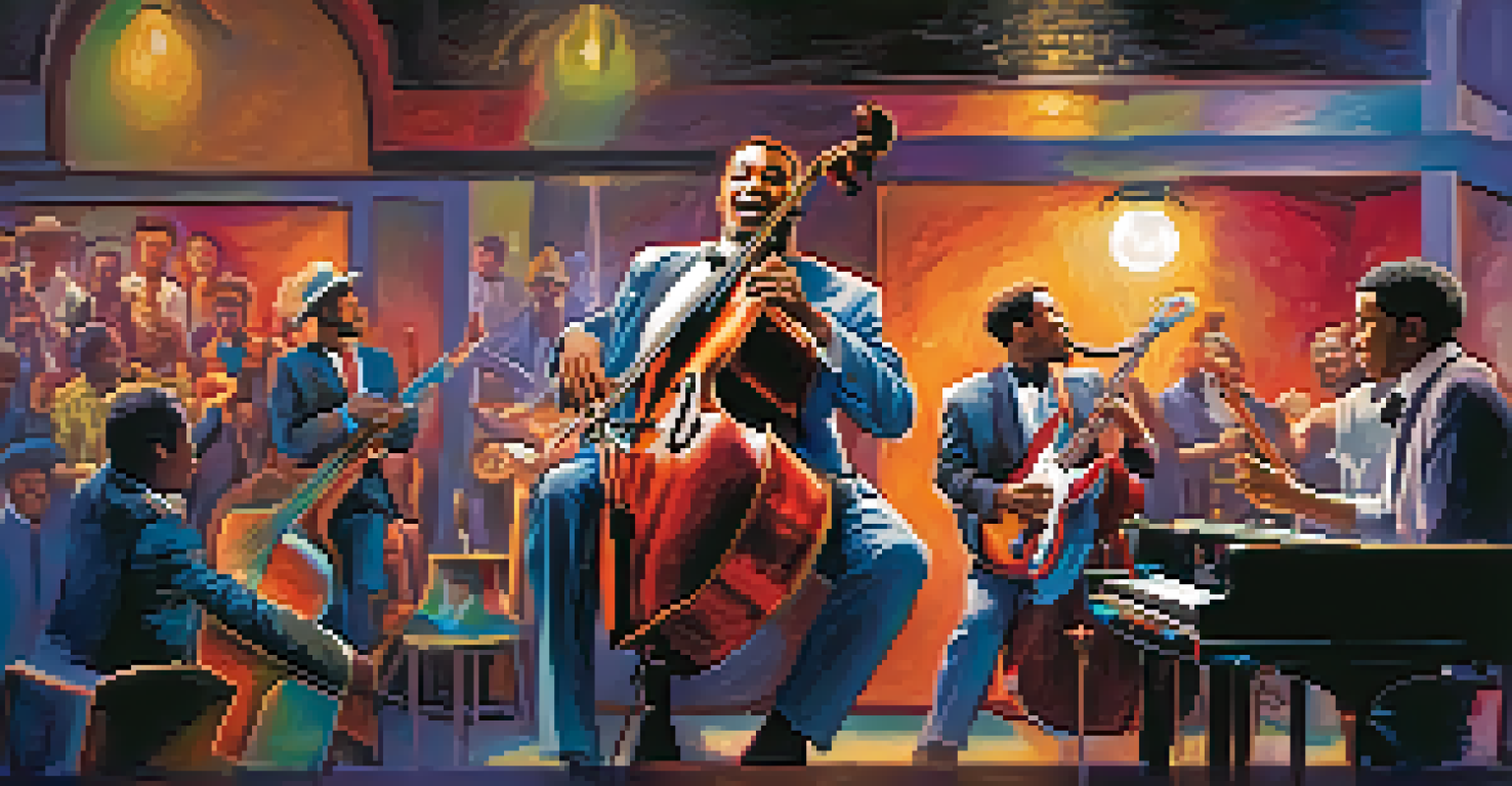 A jazz ensemble with a guitarist playing passionately alongside a saxophonist and drummer in a lively club setting.
