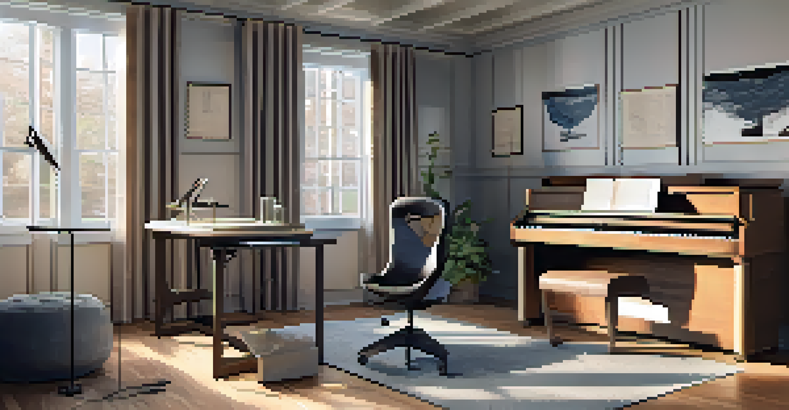 A well-arranged practice area for a guitarist, highlighting ergonomic furniture and acoustic panels in a well-lit room.