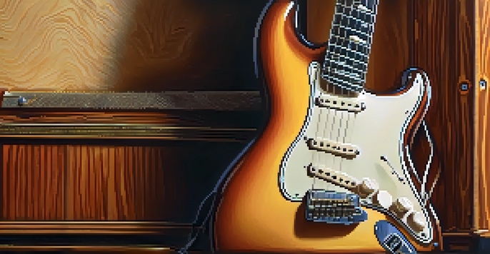 A close-up shot of a vintage electric guitar with detailed wood grain and polished finish, softly blurred background, and warm lighting.