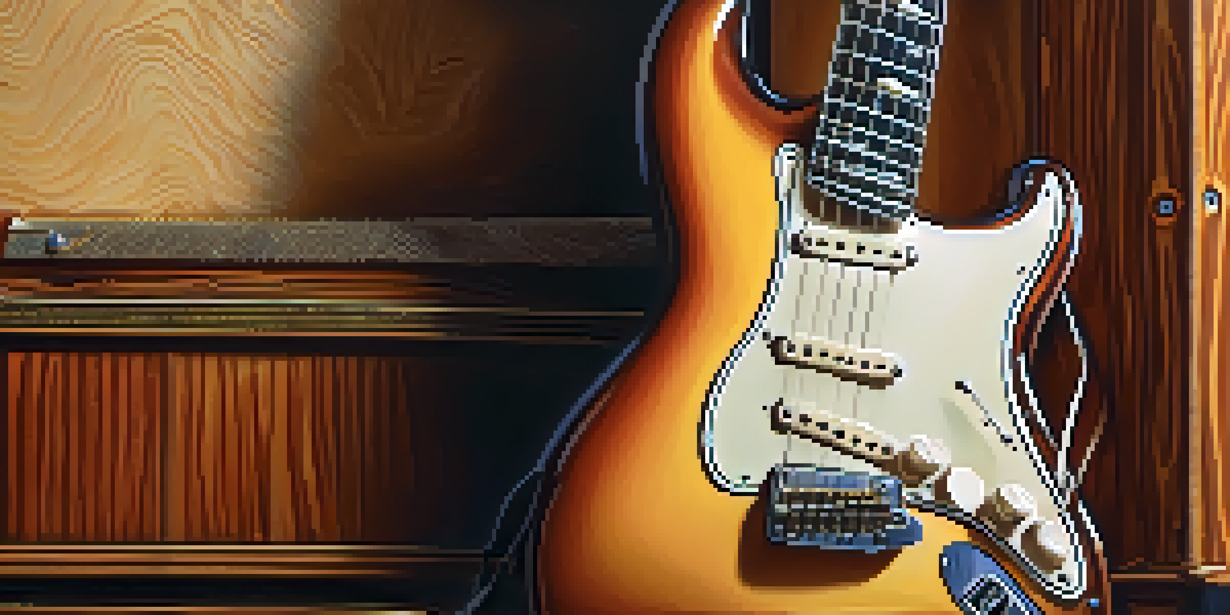 A close-up shot of a vintage electric guitar with detailed wood grain and polished finish, softly blurred background, and warm lighting.