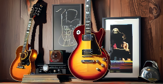 A close-up of an electric guitar on a wooden table, surrounded by guitar picks and set in a cozy music room.