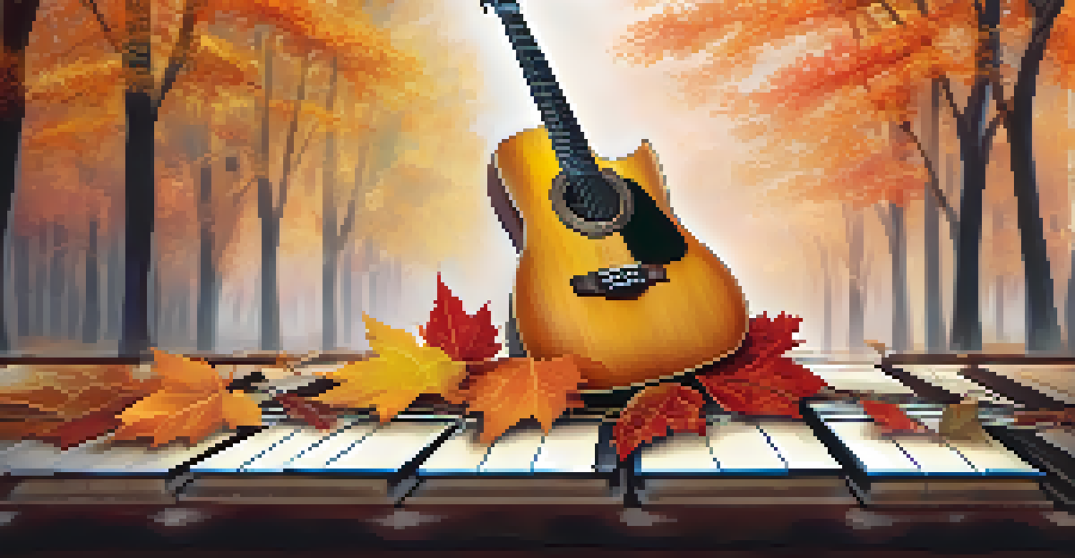 A guitar on sheet music with colorful autumn leaves around it, creating a warm and dreamy scene.