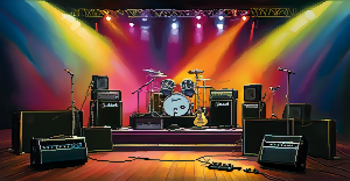 A stage setup with a guitar amplifier and effects pedals, warmly lit with a crowd in the background.
