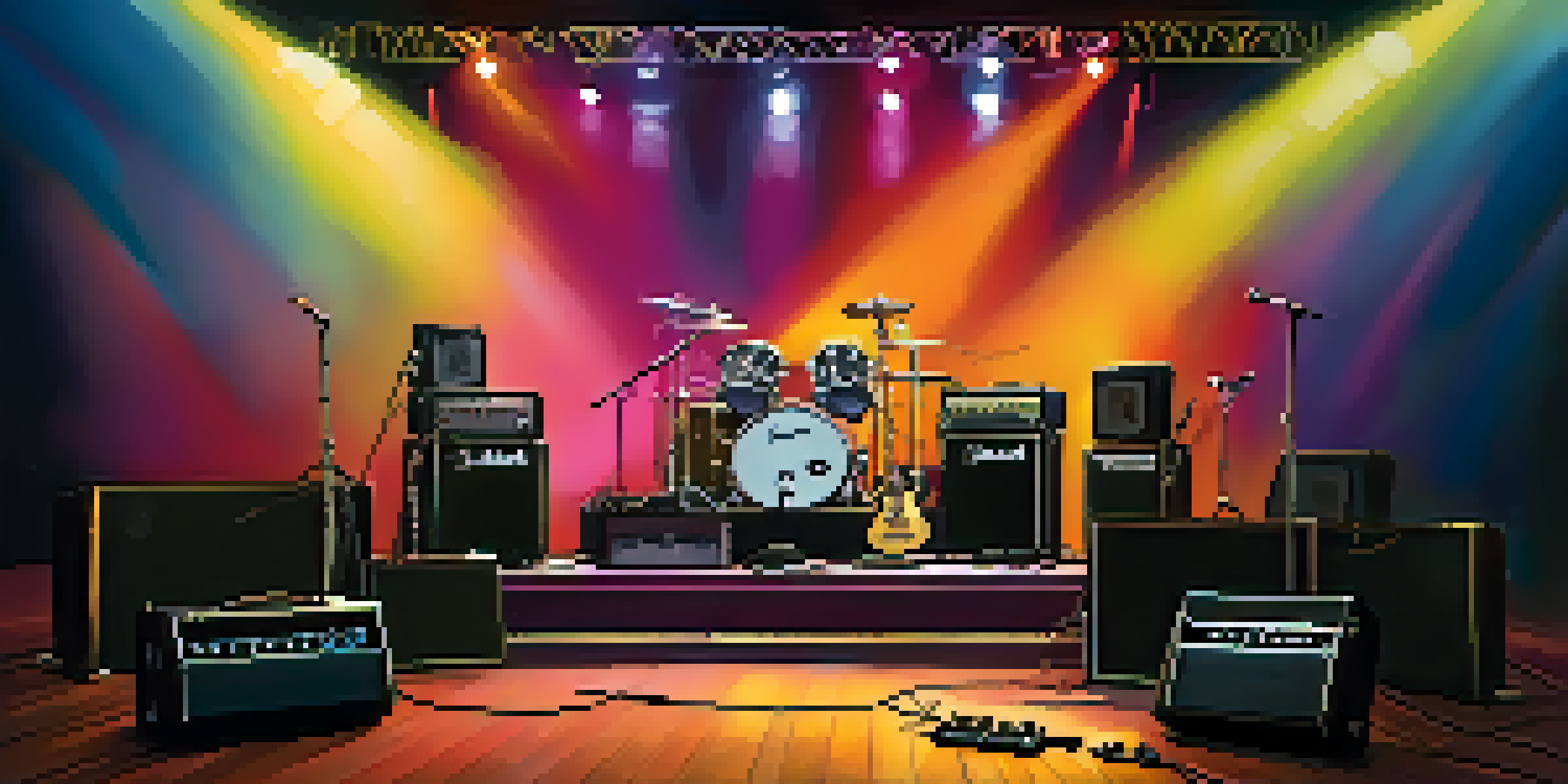 A stage setup with a guitar amplifier and effects pedals, warmly lit with a crowd in the background.
