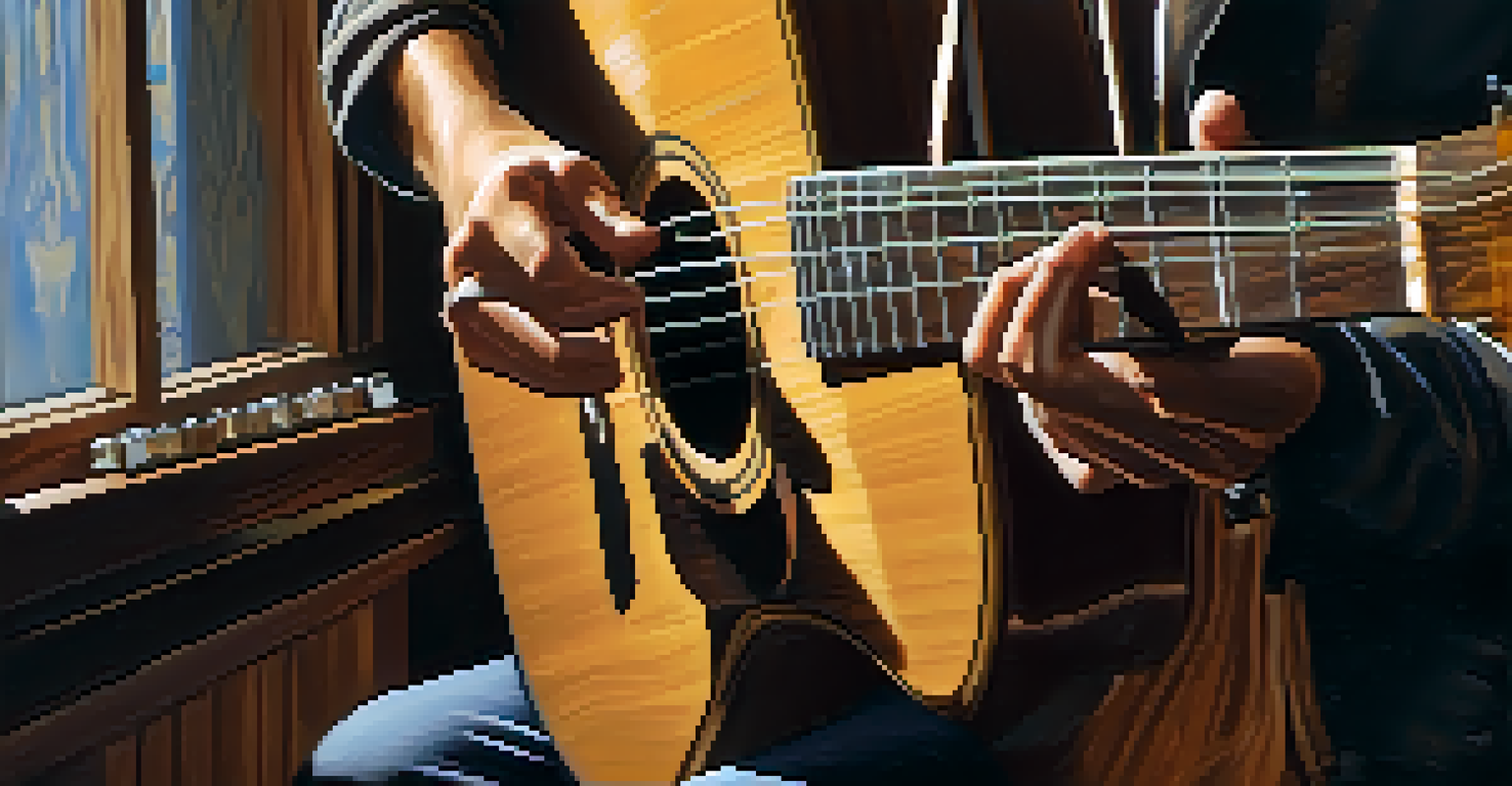 A close-up of a guitarist tuning their guitar backstage, showcasing the instrument's details and the musician's focused expression in warm lighting.