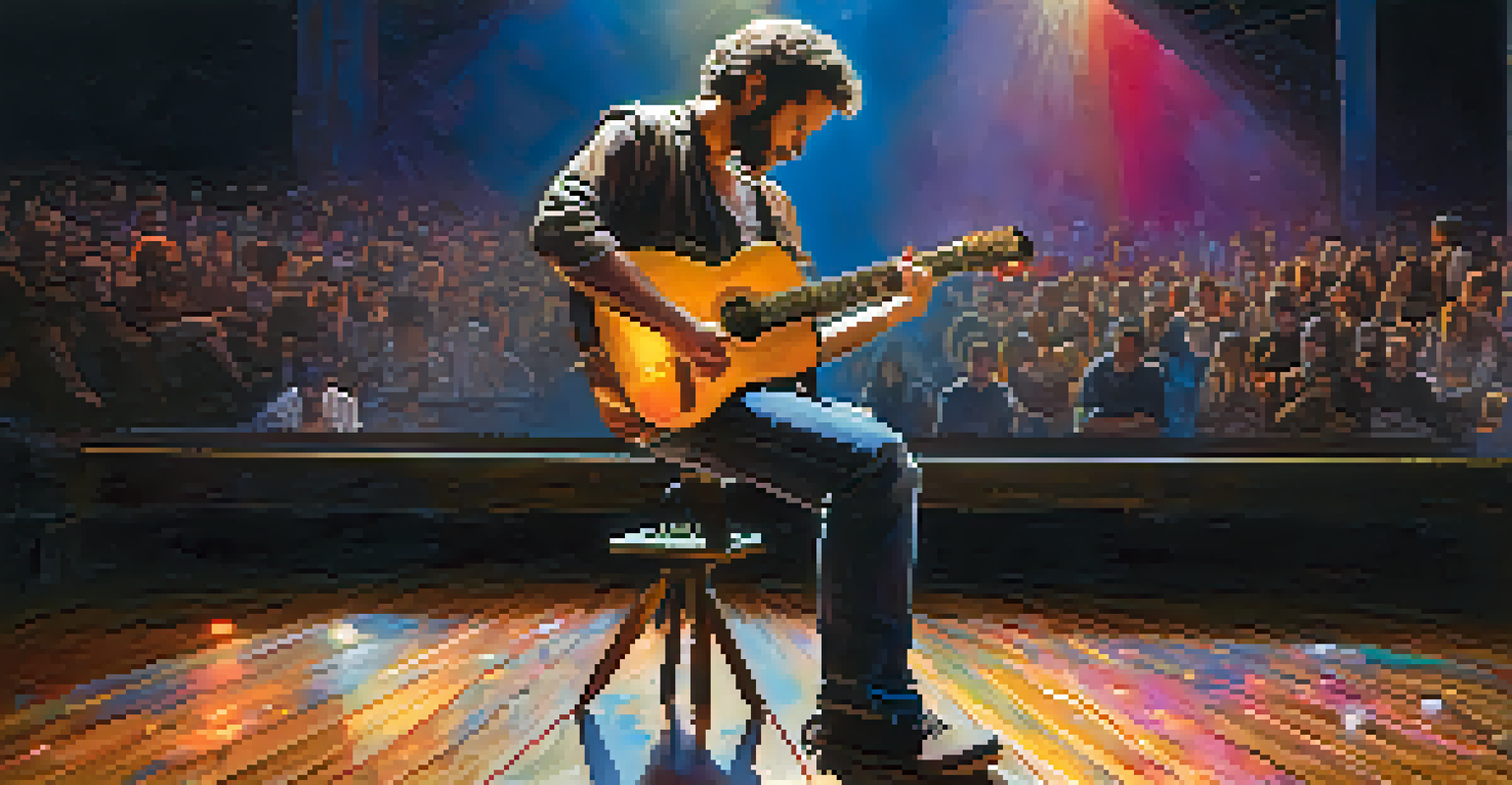 An artist performing with a reclaimed wood guitar on stage, illuminated by colorful lights.