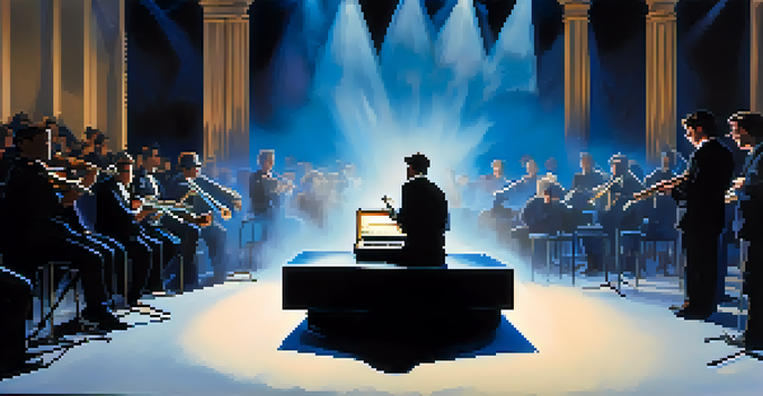 A musician practicing the box breathing technique on stage, surrounded by a blurred audience.