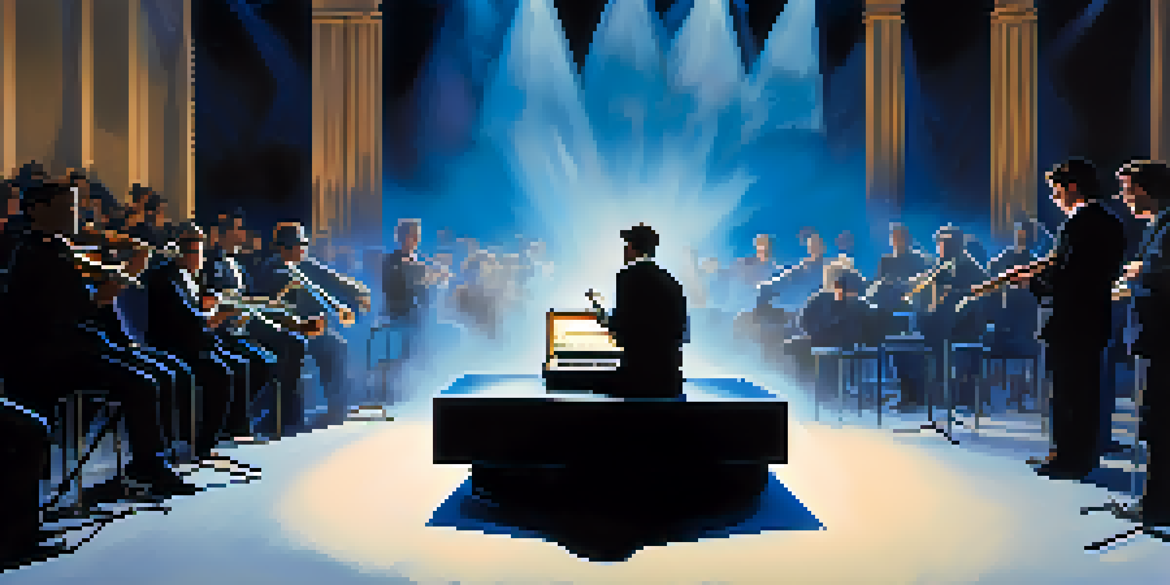 A musician practicing the box breathing technique on stage, surrounded by a blurred audience.