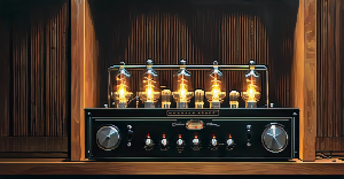 A vintage tube amplifier with glowing vacuum tubes against a dark wooden backdrop, showcasing its intricate details.