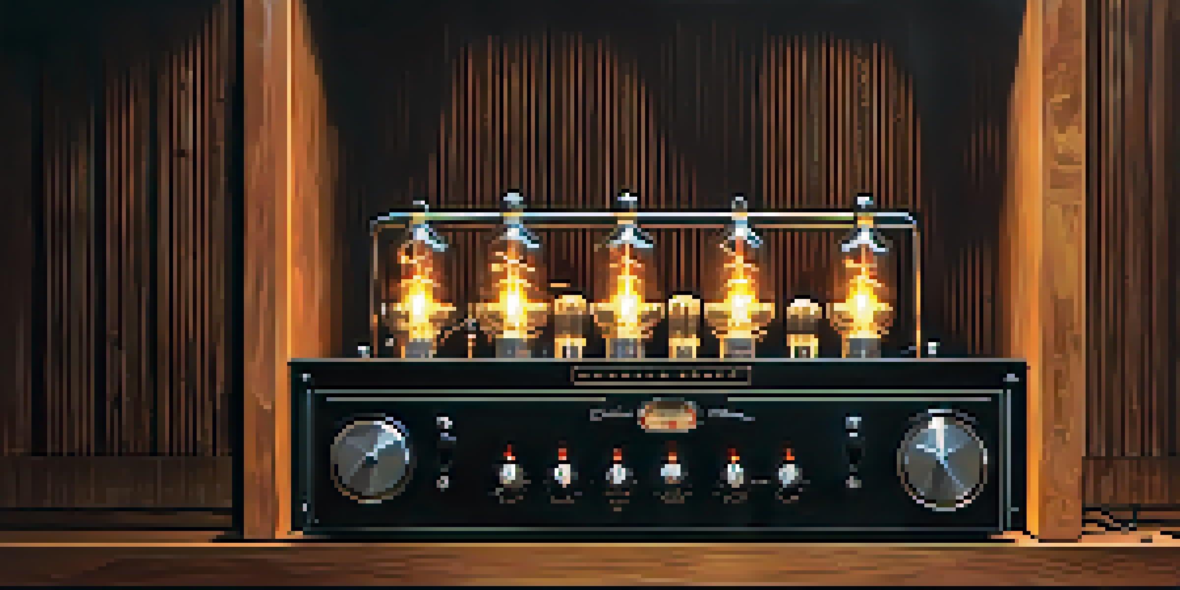 A vintage tube amplifier with glowing vacuum tubes against a dark wooden backdrop, showcasing its intricate details.