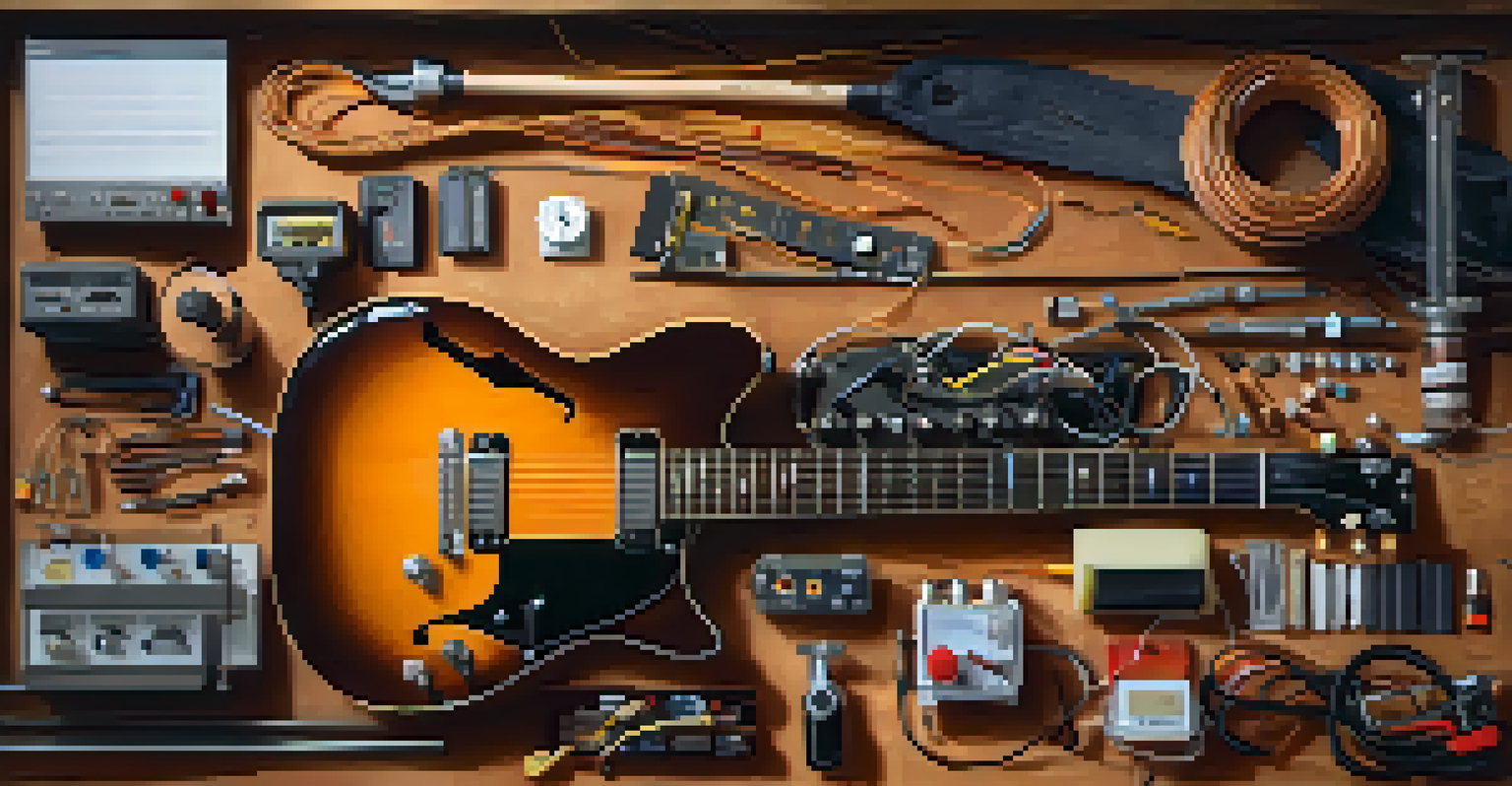 An organized workspace with a dismantled electric guitar, tools, and warm lighting.