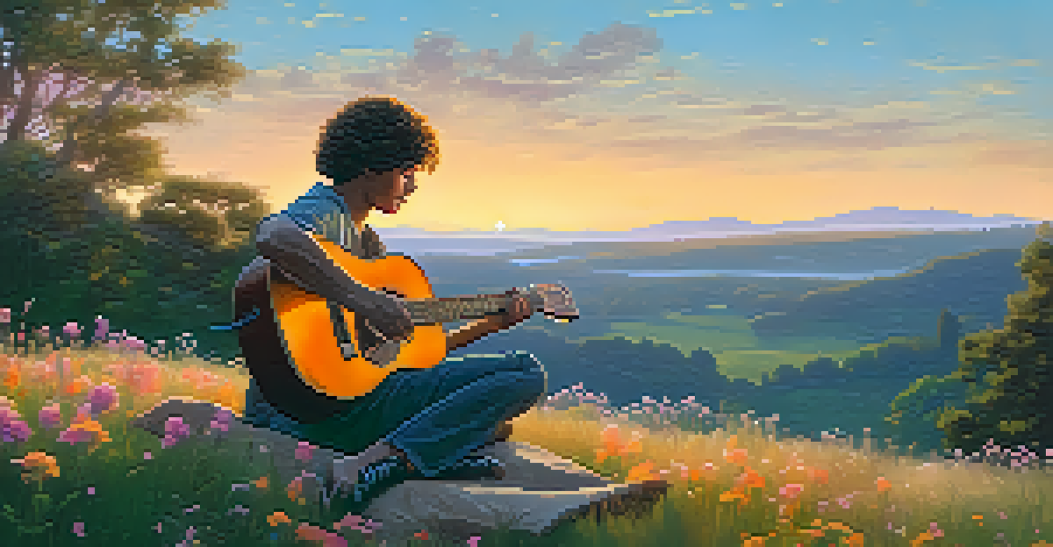 A young musician playing an acoustic guitar on a grassy hill during the golden hour.