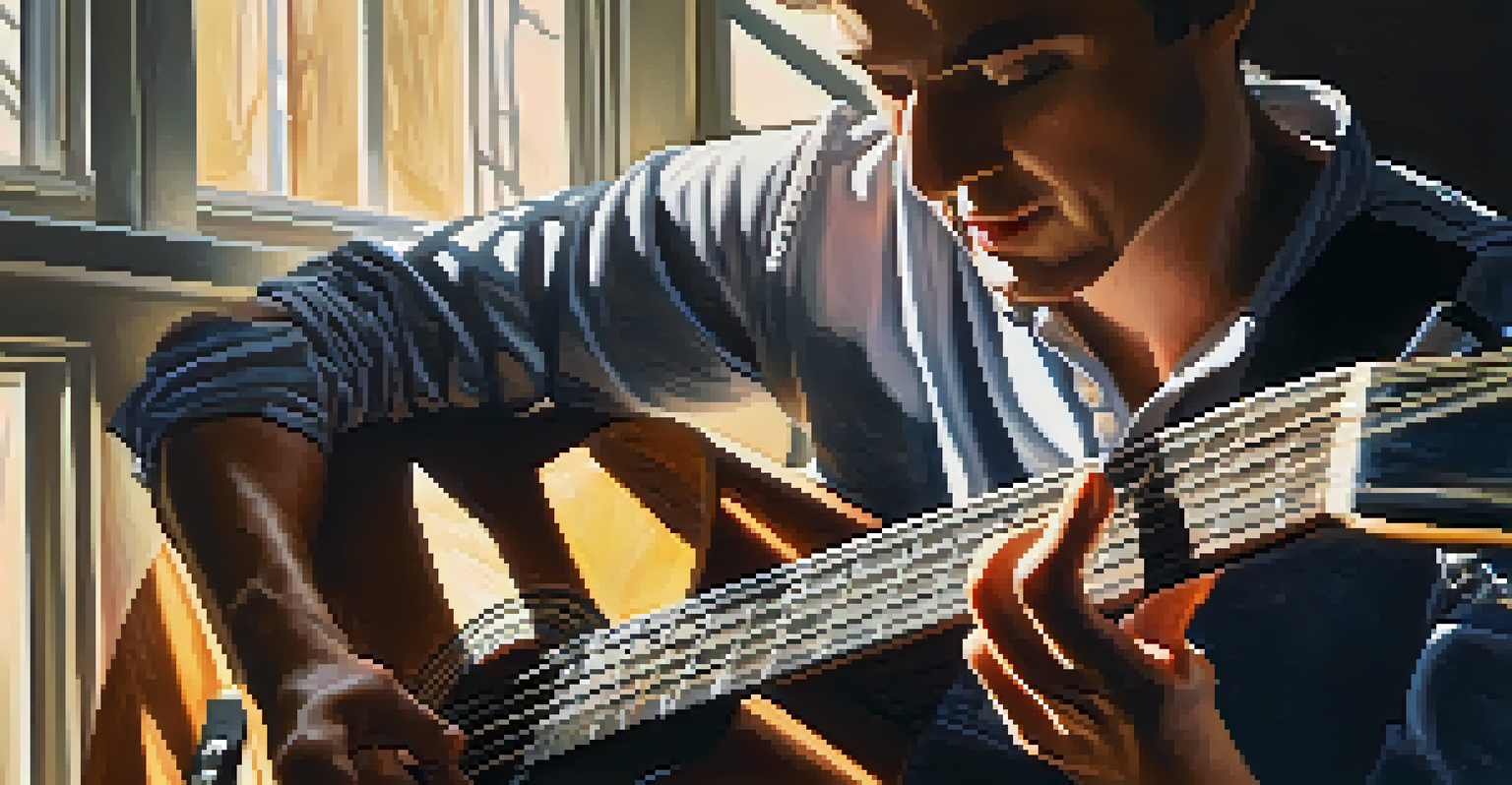 A close-up of a musician playing an acoustic guitar, with sunlight illuminating the room and highlighting the guitar's texture.