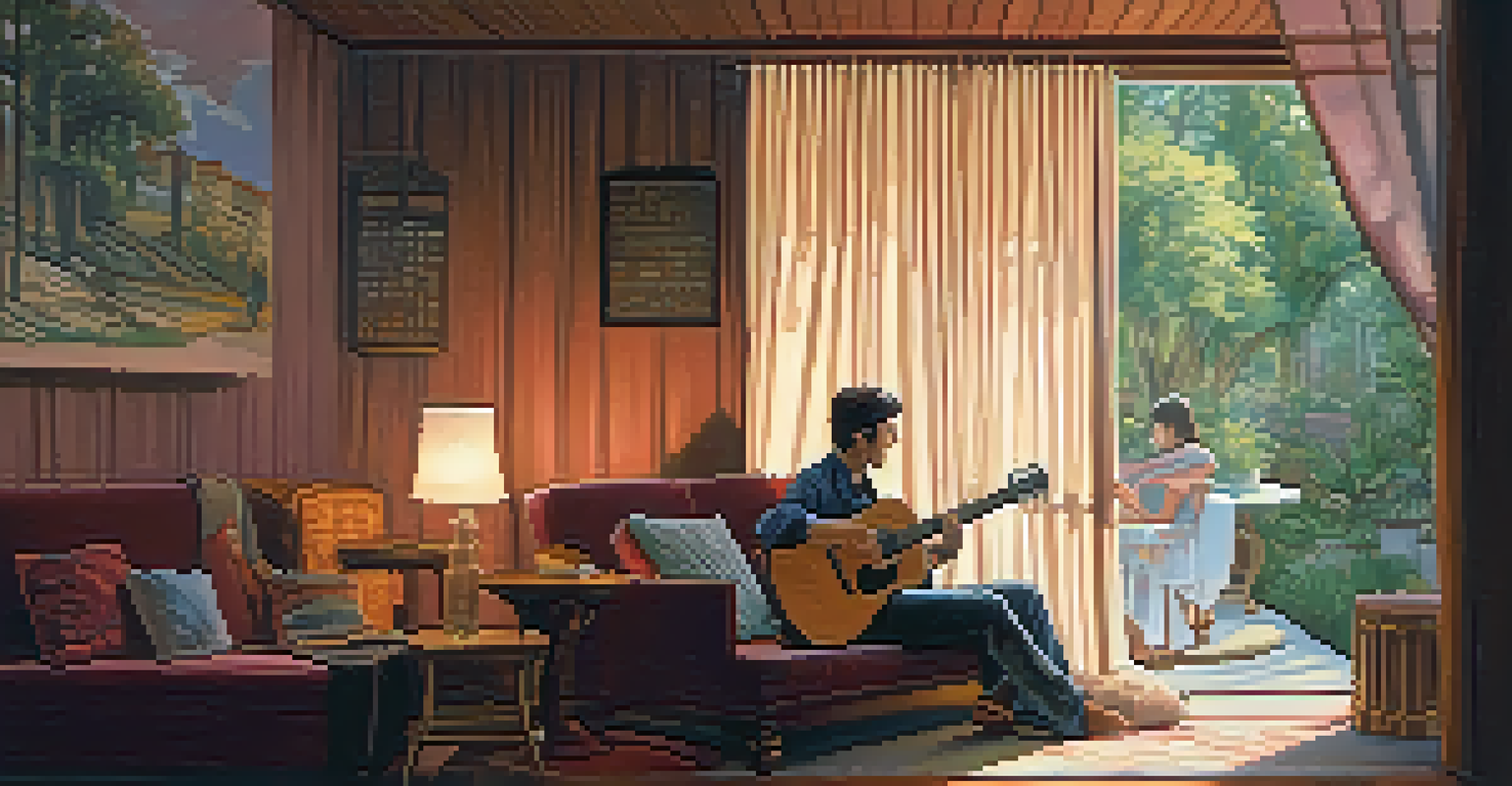 A guitarist practicing in a narrow room with low ceilings, surrounded by soft furnishings and dim lighting.