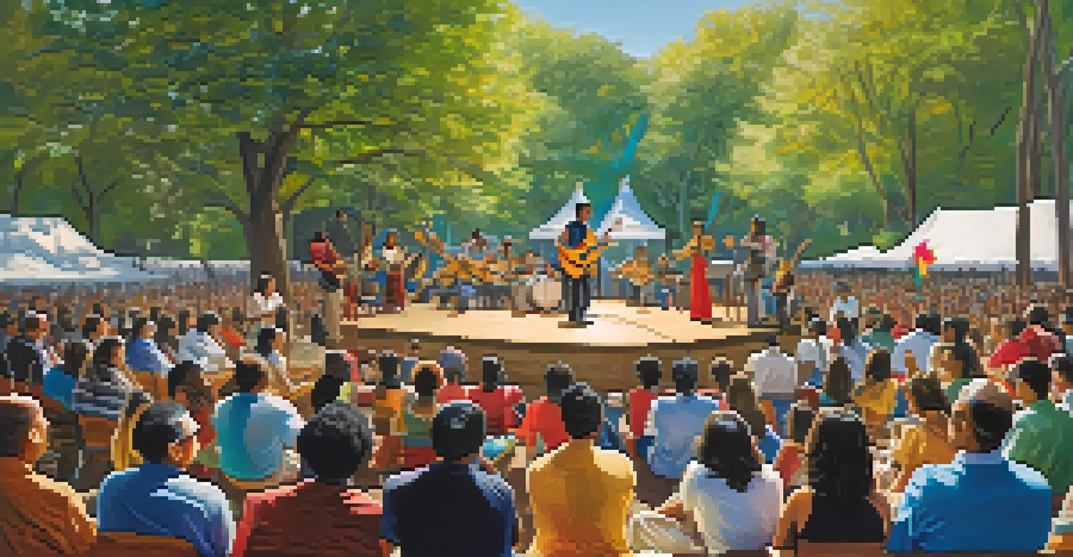 A vibrant outdoor guitar festival with diverse musicians performing on stage, surrounded by an enthusiastic audience and sunny skies.