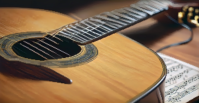 A classical guitar with detailed wood grain on a wooden surface, soft lighting highlights the strings and blurred sheet music in the background.