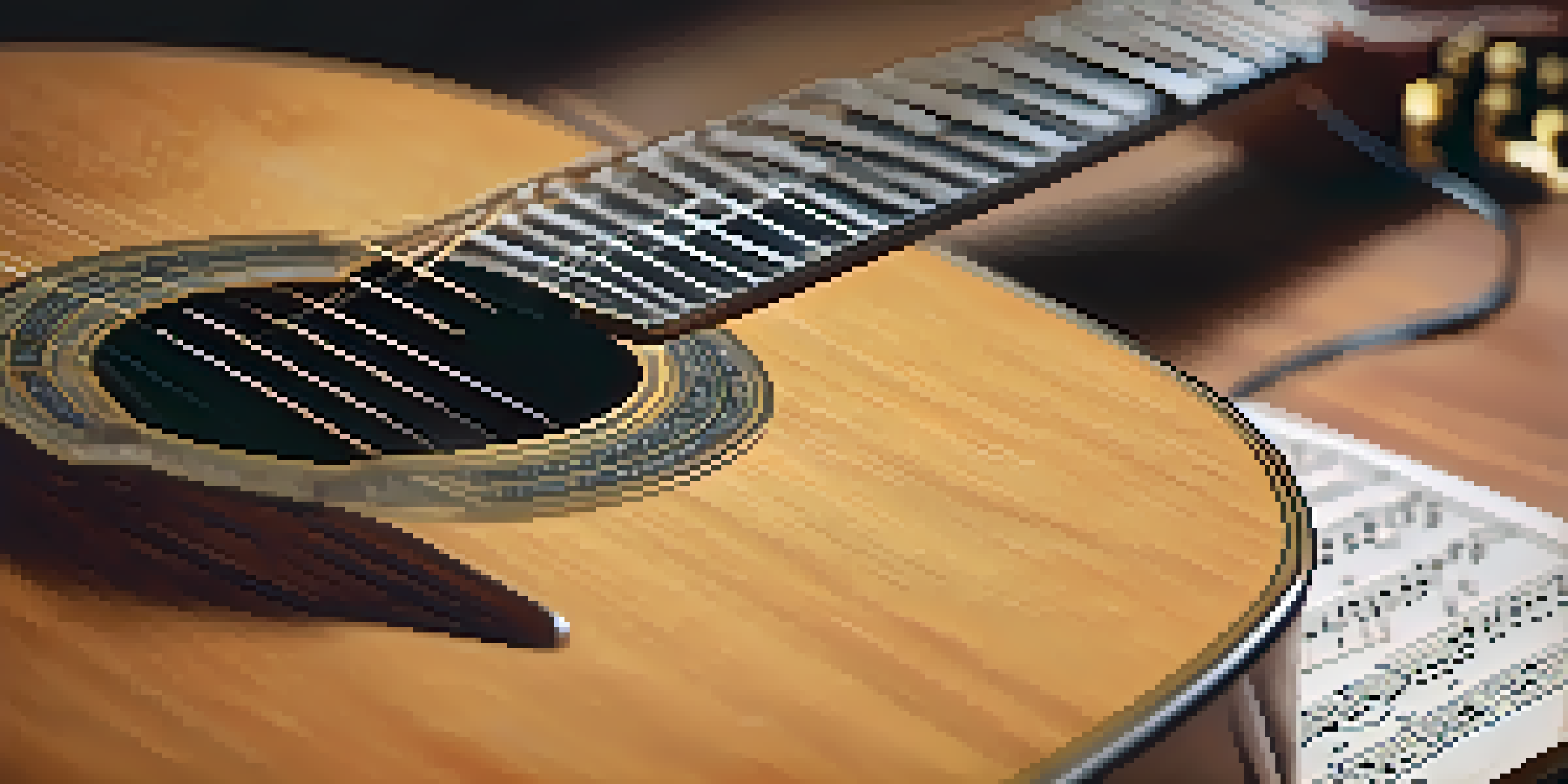 A classical guitar with detailed wood grain on a wooden surface, soft lighting highlights the strings and blurred sheet music in the background.