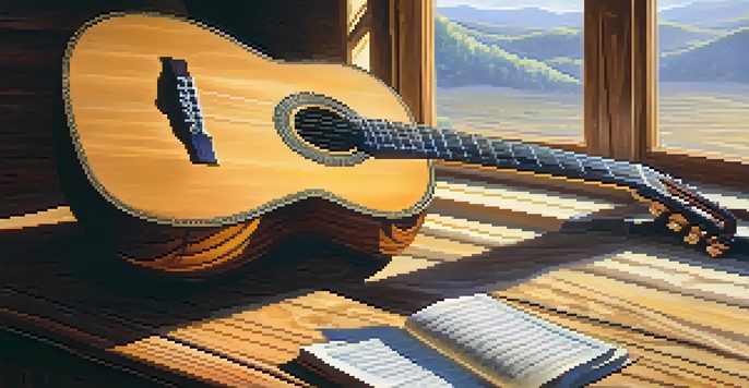 A close-up of a classical guitar on a wooden table with sunlight illuminating it, and hands playing fingerstyle.