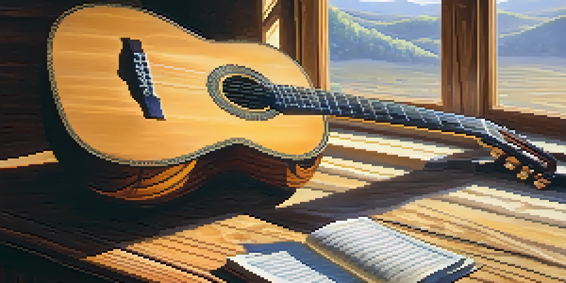A close-up of a classical guitar on a wooden table with sunlight illuminating it, and hands playing fingerstyle.