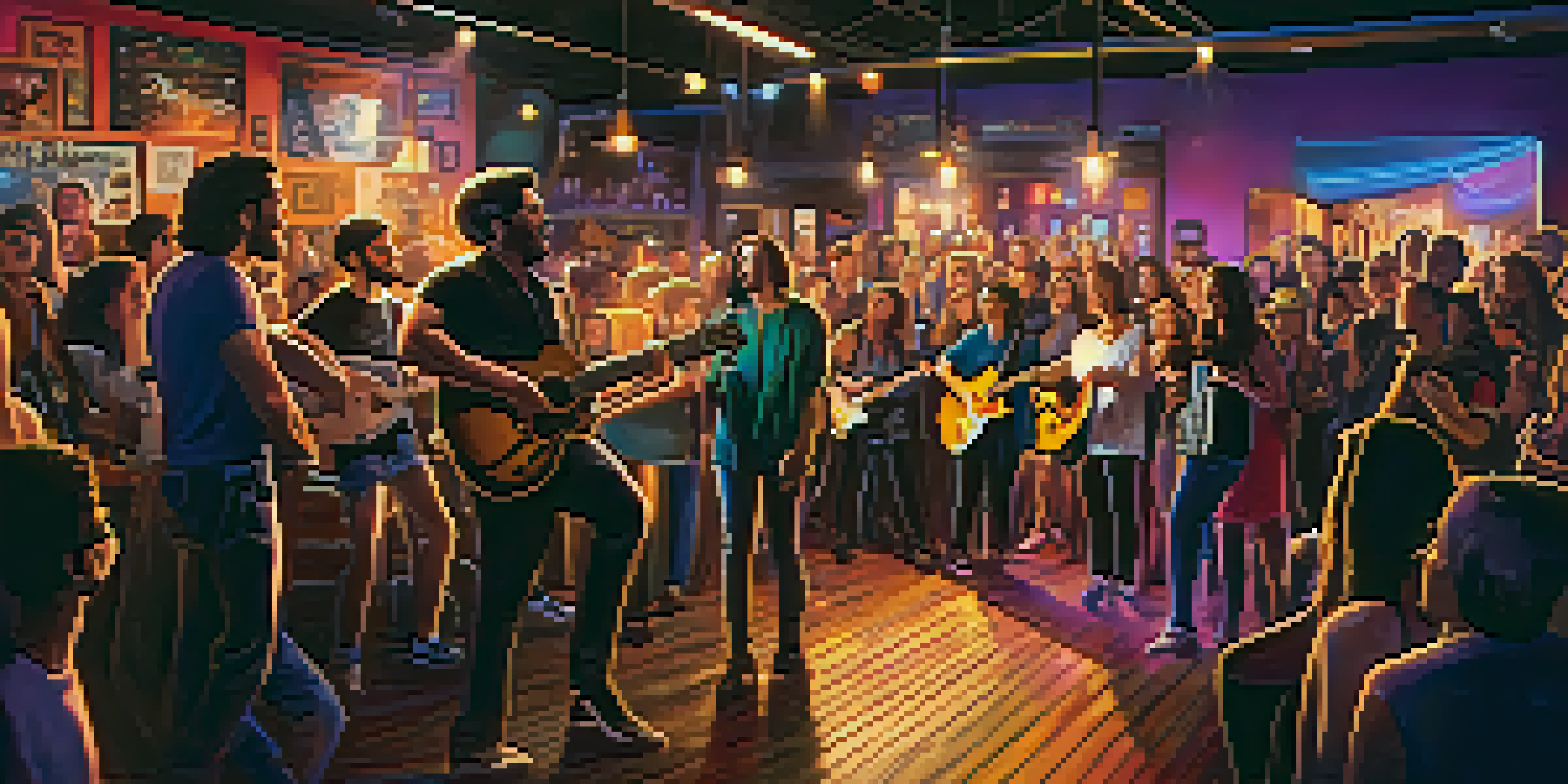 A lively open mic night with musicians on stage, colorful lights, and an enthusiastic audience.