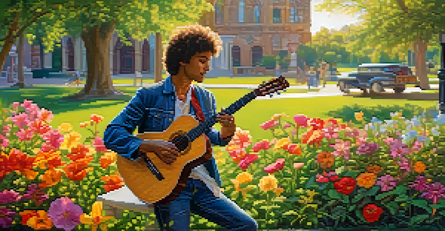 A guitarist playing in a park, surrounded by greenery and flowers, with a colorful strap on the guitar.