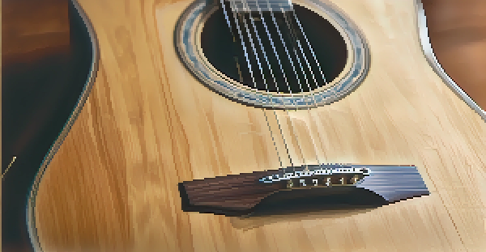 A detailed close-up of a handcrafted acoustic guitar with visible wood grain and polished finish, highlighted by warm lighting.