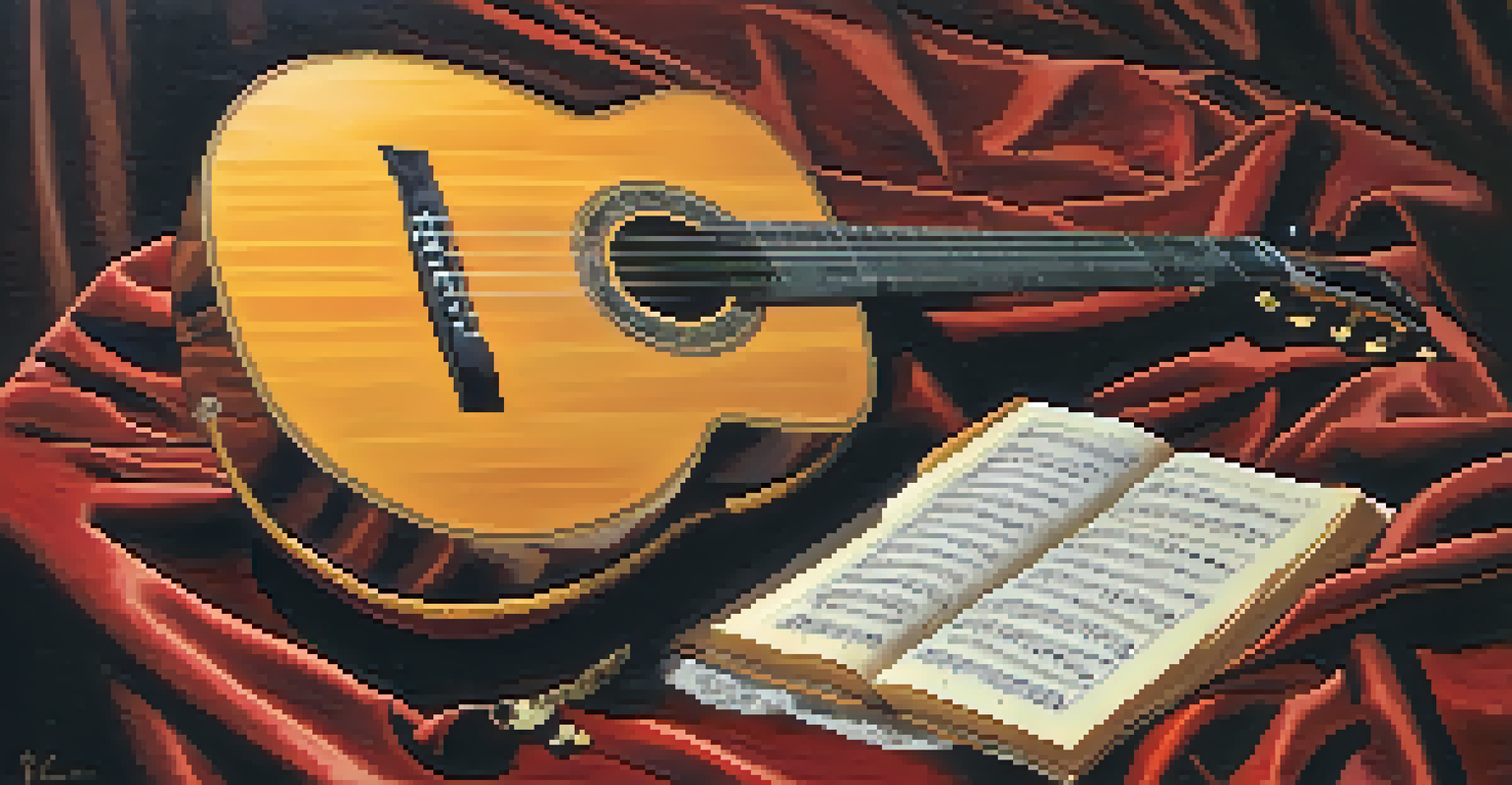 A Baroque guitar on a velvet cloth with sheet music and a quill pen nearby.