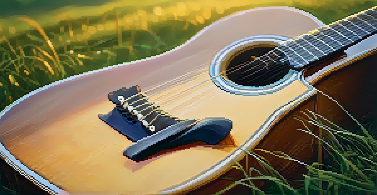 A close-up of an acoustic guitar on grass illuminated by sunlight, with festival-goers blurred in the background.