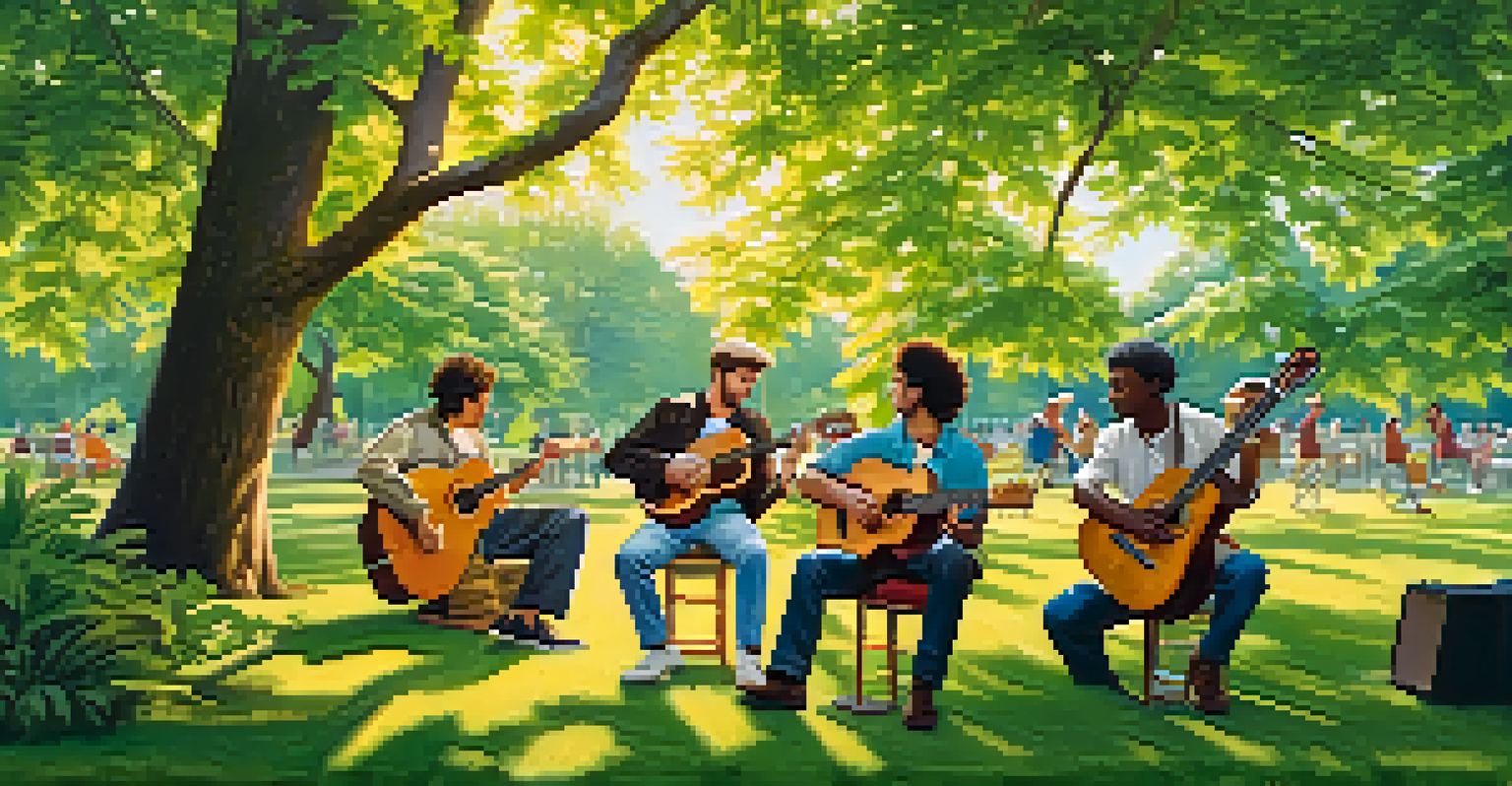 A group of musicians playing instruments together in a green park.