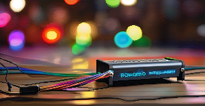 A loop pedal on a wooden stage with colorful lights, surrounded by guitar cables and sheet music.