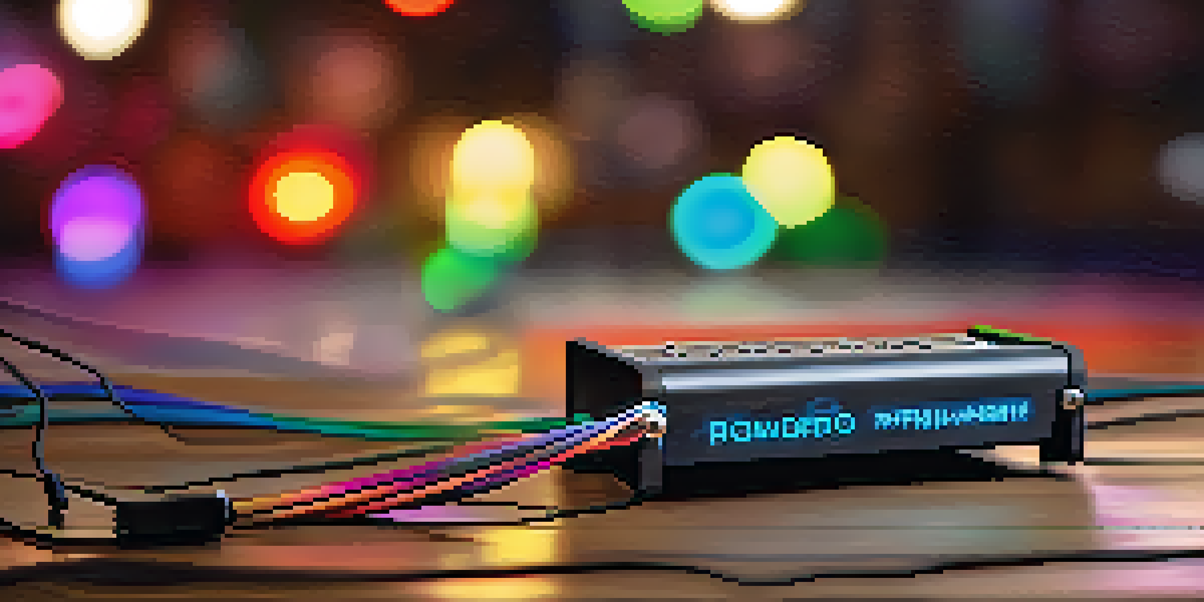 A loop pedal on a wooden stage with colorful lights, surrounded by guitar cables and sheet music.