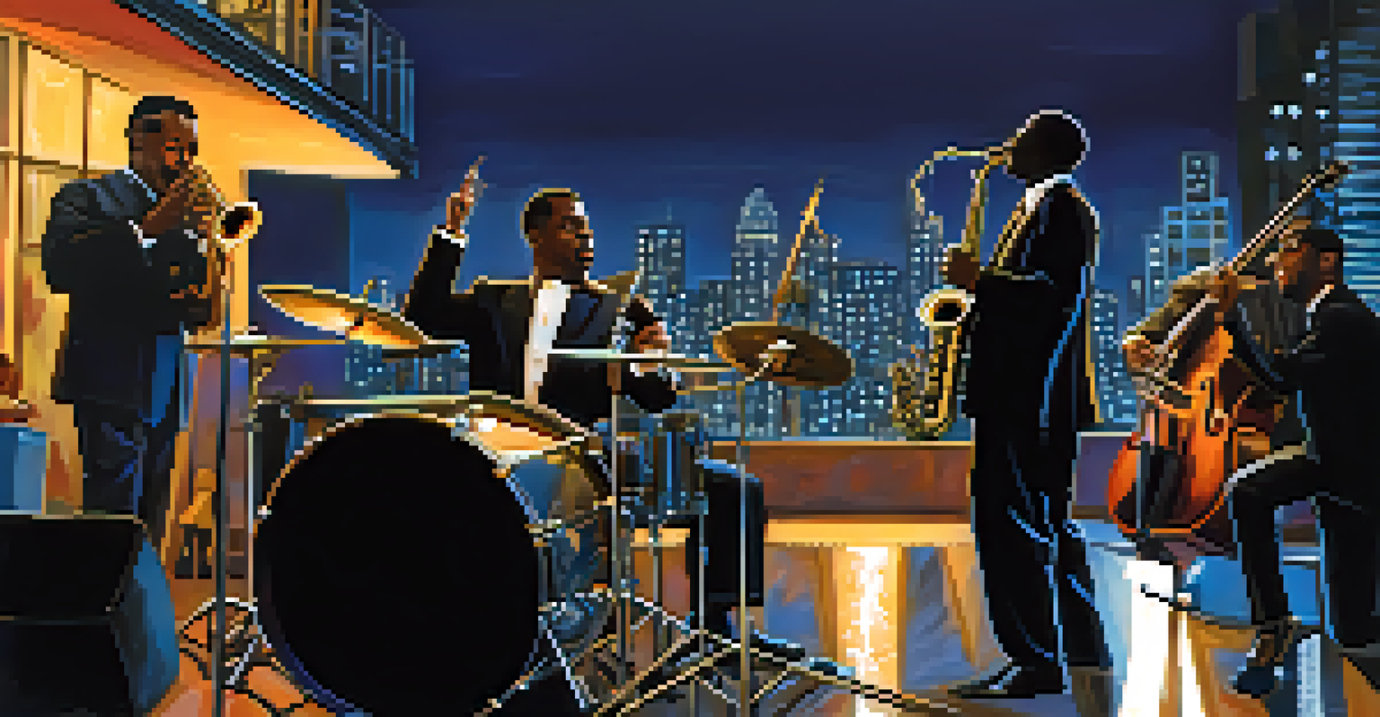 A jazz ensemble performing in a lively city setting at night, with musicians passionately playing their instruments.