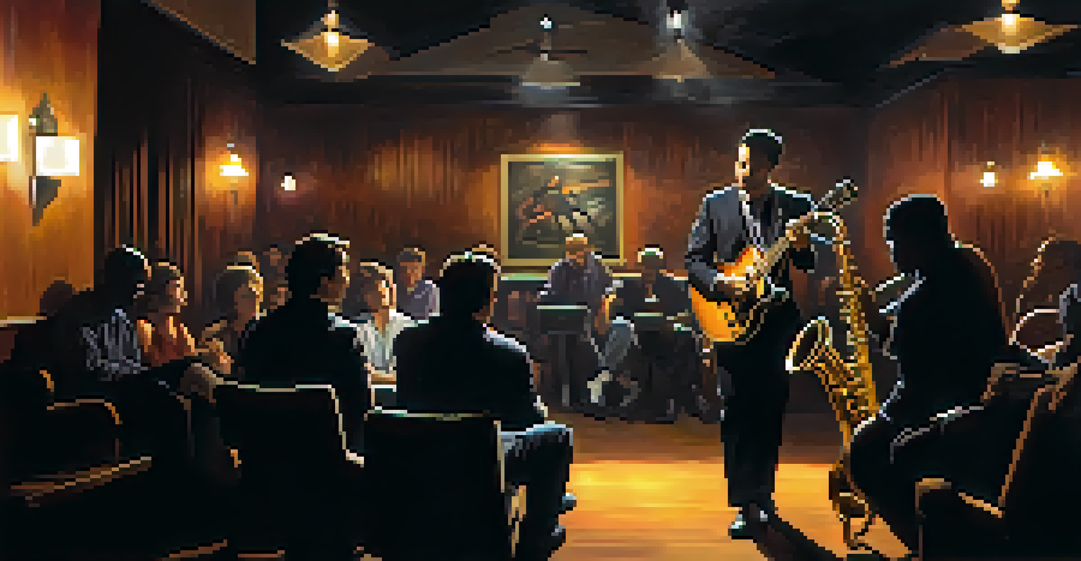 A jazz guitarist performing in a dimly lit club, with warm lights illuminating the guitar and a cozy ambiance.