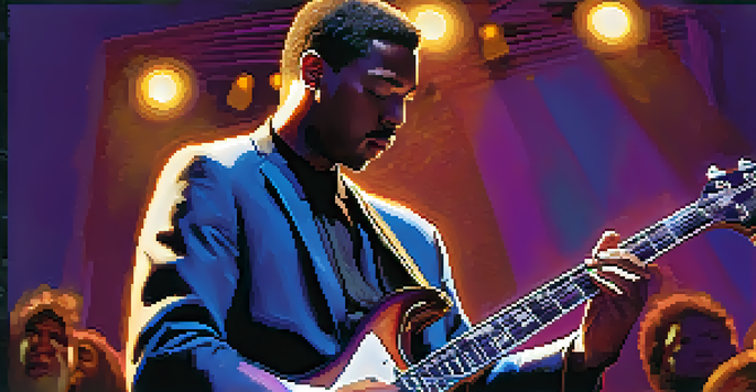 A jazz guitarist performing on stage, with colorful lights and an engaged audience in the background.