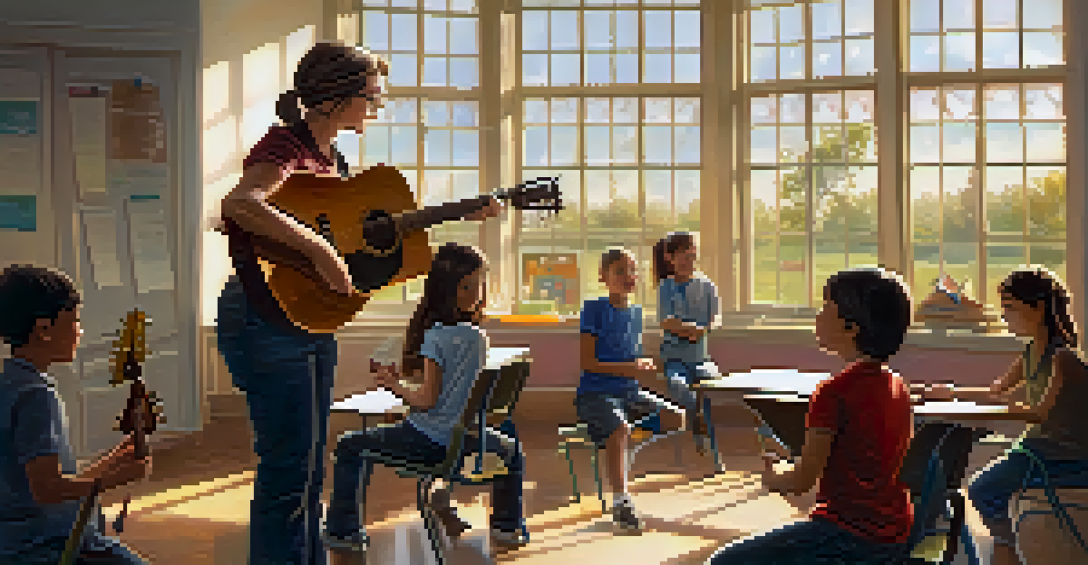 A guitar teacher leading a workshop in a bright classroom with attentive students, creating a positive and inspiring learning environment.