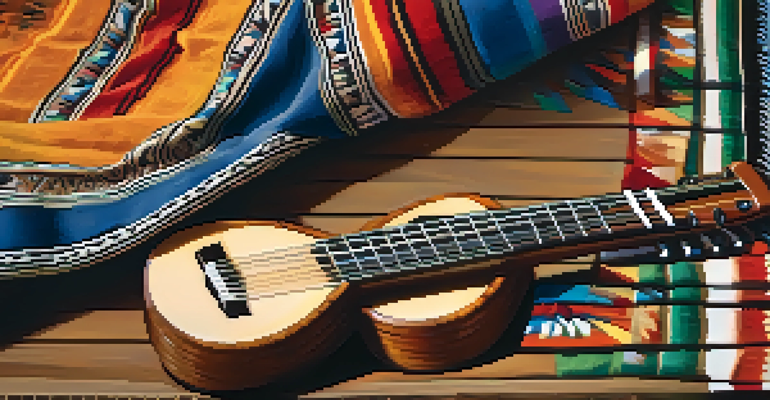 A close-up of a charango on a wooden table, surrounded by colorful traditional textiles, showcasing its unique design and craftsmanship.