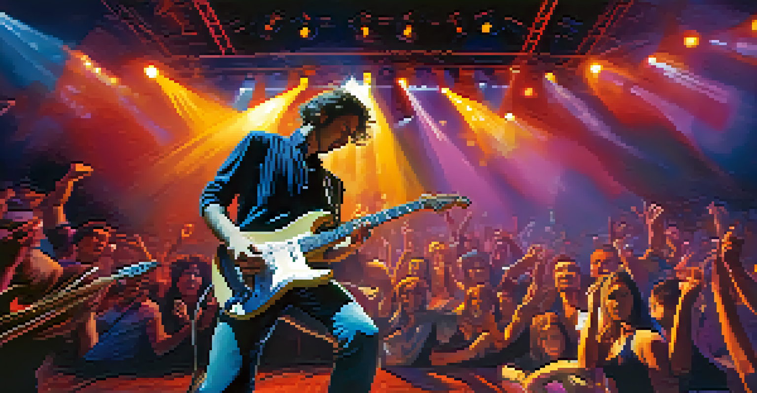 A musician performing on stage with a band, colorful lights, and an engaged audience in a lively atmosphere.