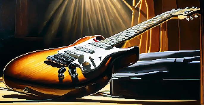 A close-up of an electric guitar on a wooden stage with blurred silhouettes of musicians in the background, illuminated by warm lighting.