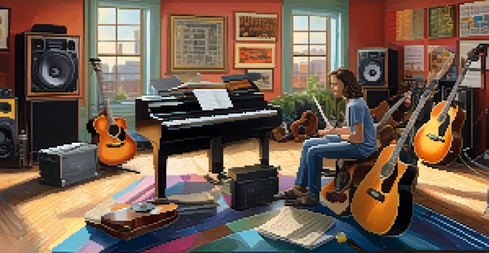 A lively music studio with instruments and a musician composing at a desk.