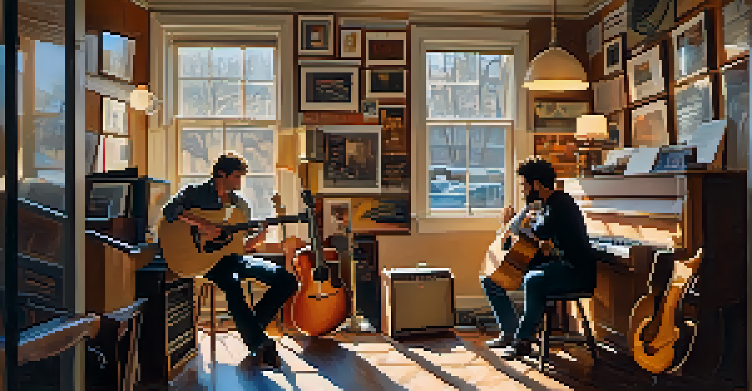 A rock guitarist and a jazz guitarist sitting together in a cozy studio, surrounded by guitars and music sheets, deep in conversation.