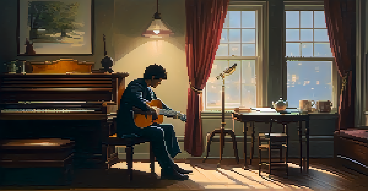 A solitary musician playing guitar in a cozy room, surrounded by sheet music and a cup of tea.