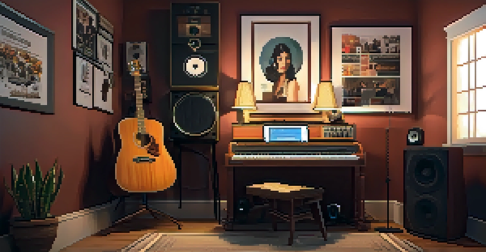 A warm and inviting home recording studio featuring a vintage microphone and acoustic guitar, with a laptop on the desk displaying music software.