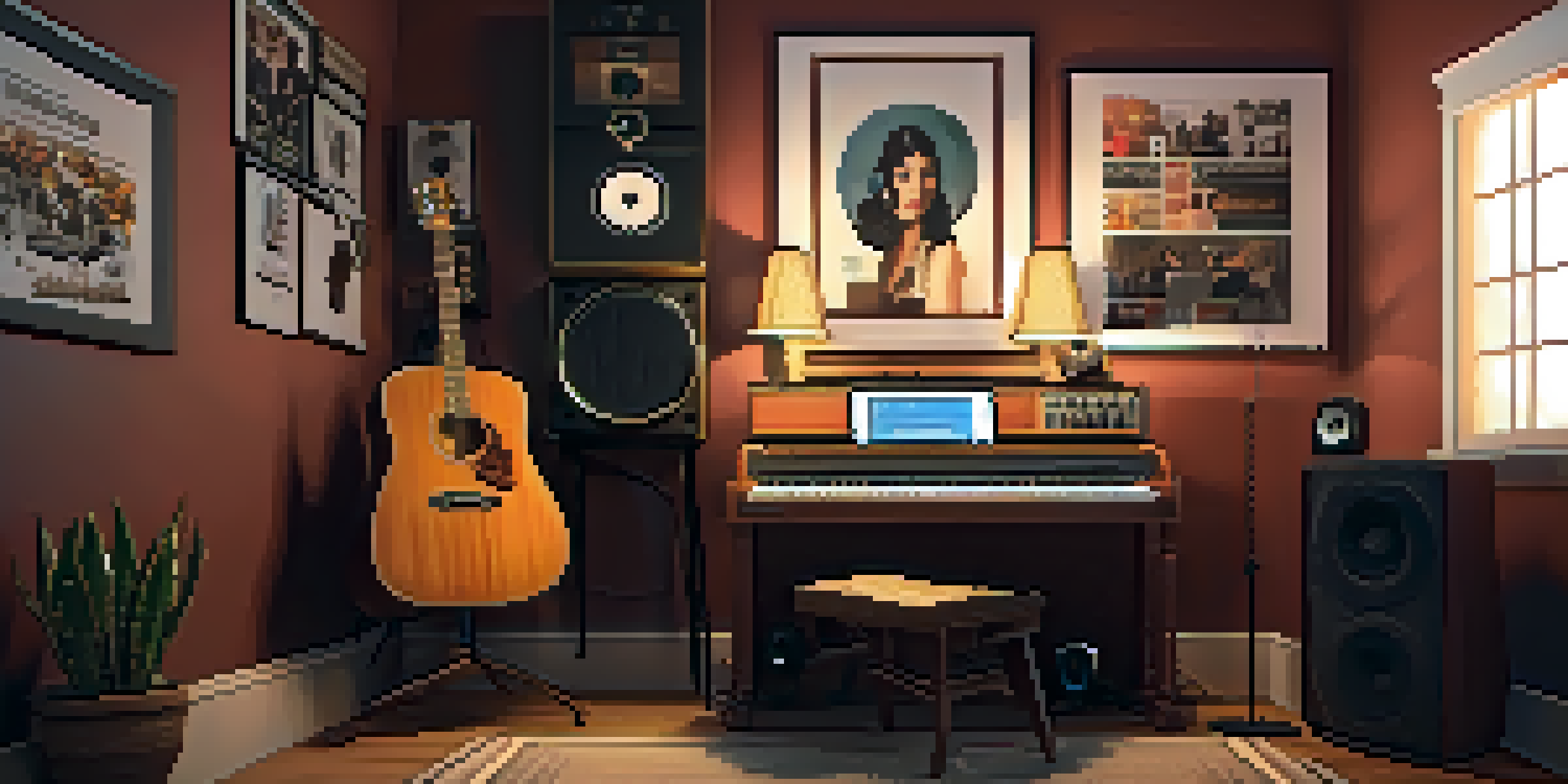 A warm and inviting home recording studio featuring a vintage microphone and acoustic guitar, with a laptop on the desk displaying music software.