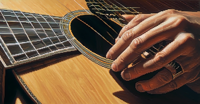 A close-up of a guitarist's hands playing an acoustic guitar, highlighting finger movements and the wood texture of the guitar.