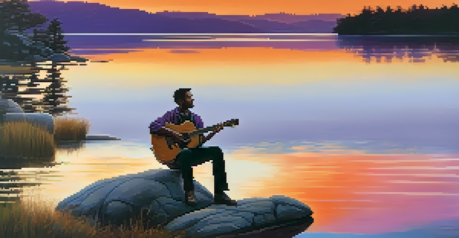 A musician playing an acoustic guitar by a lake during sunset, with vibrant colors in the sky and reflections in the water.