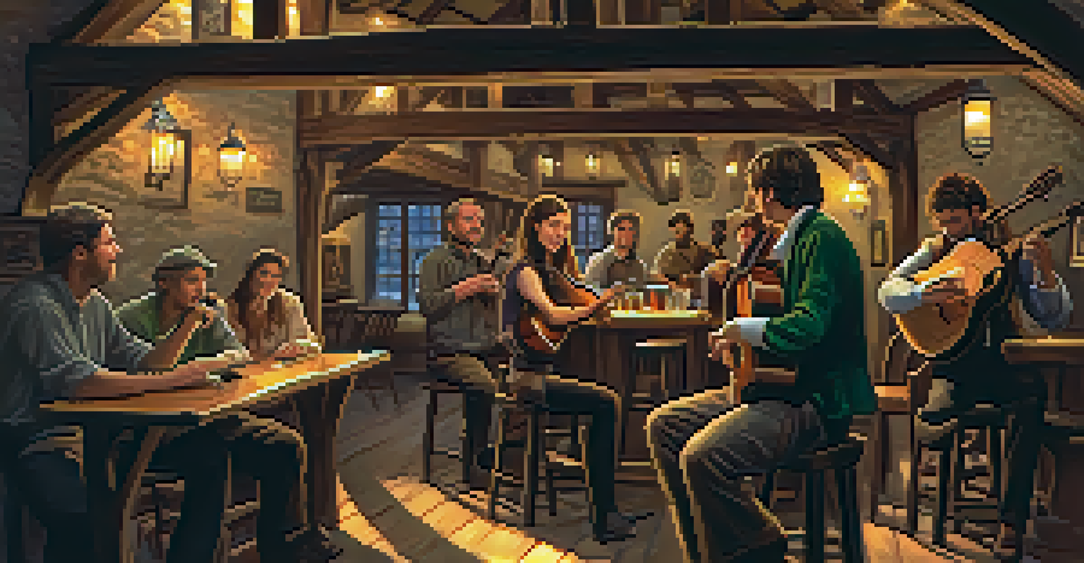 Musicians performing traditional Celtic music in a cozy pub setting with warm lighting.